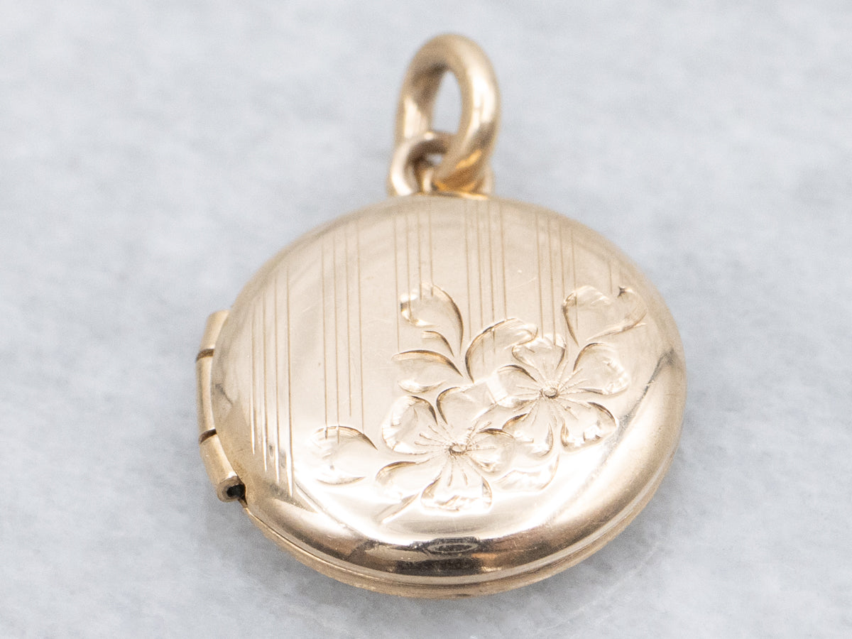 Engraved Gold Round Floral Locket Pendant
