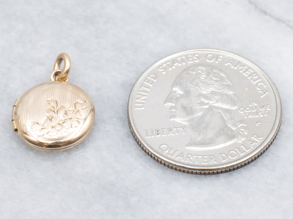 Engraved Gold Round Floral Locket Pendant