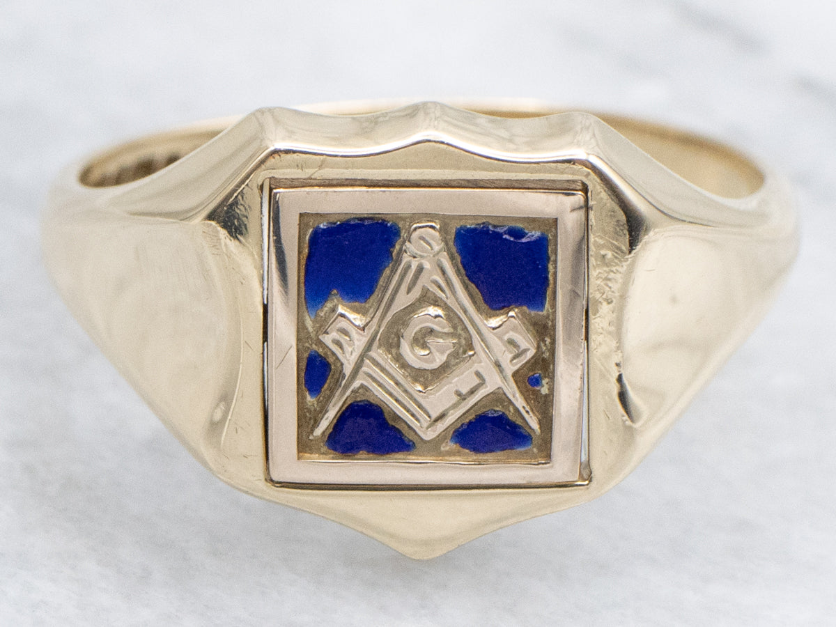 Men's Vintage Enamel Masonic and Engraved Letter "M" Gold Flip Ring