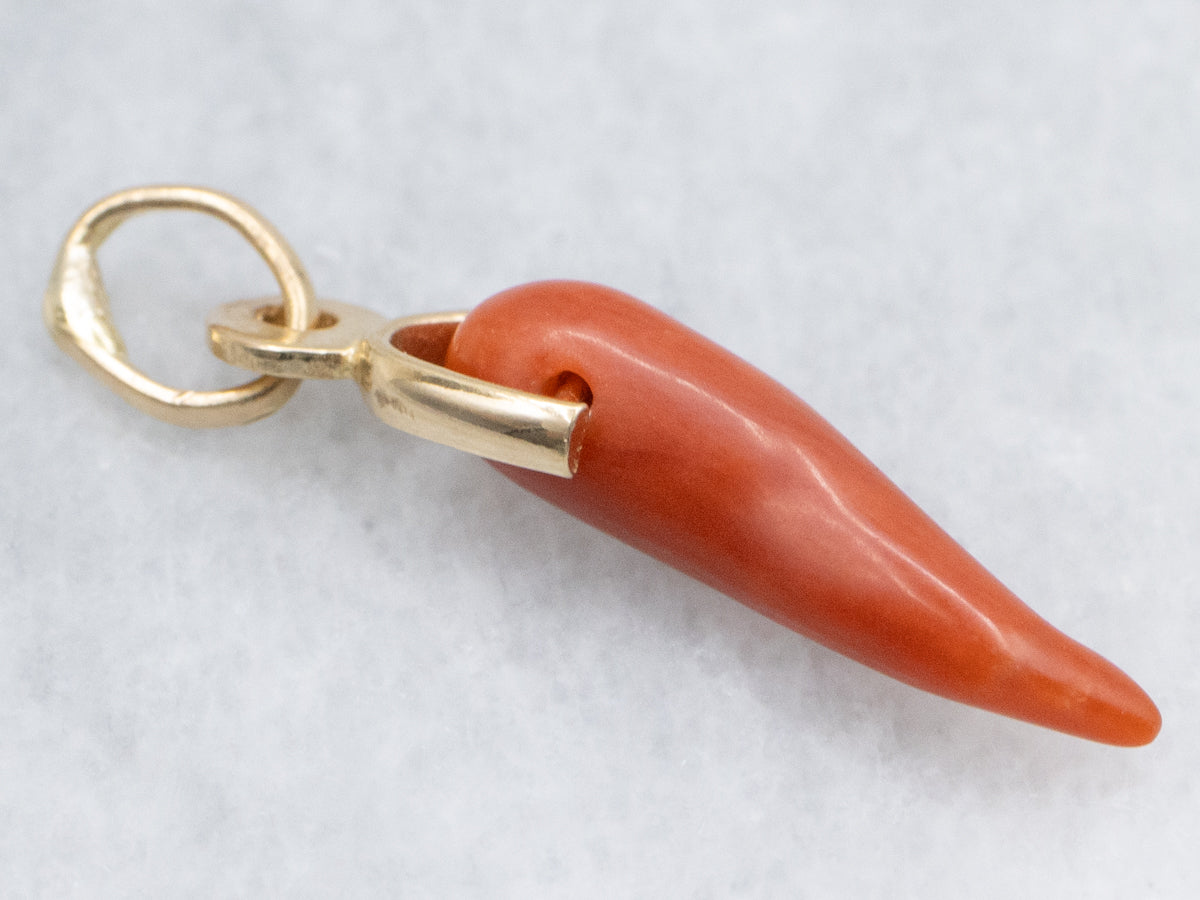 Carved Coral Italian Horn 18-Karat Gold Charm
