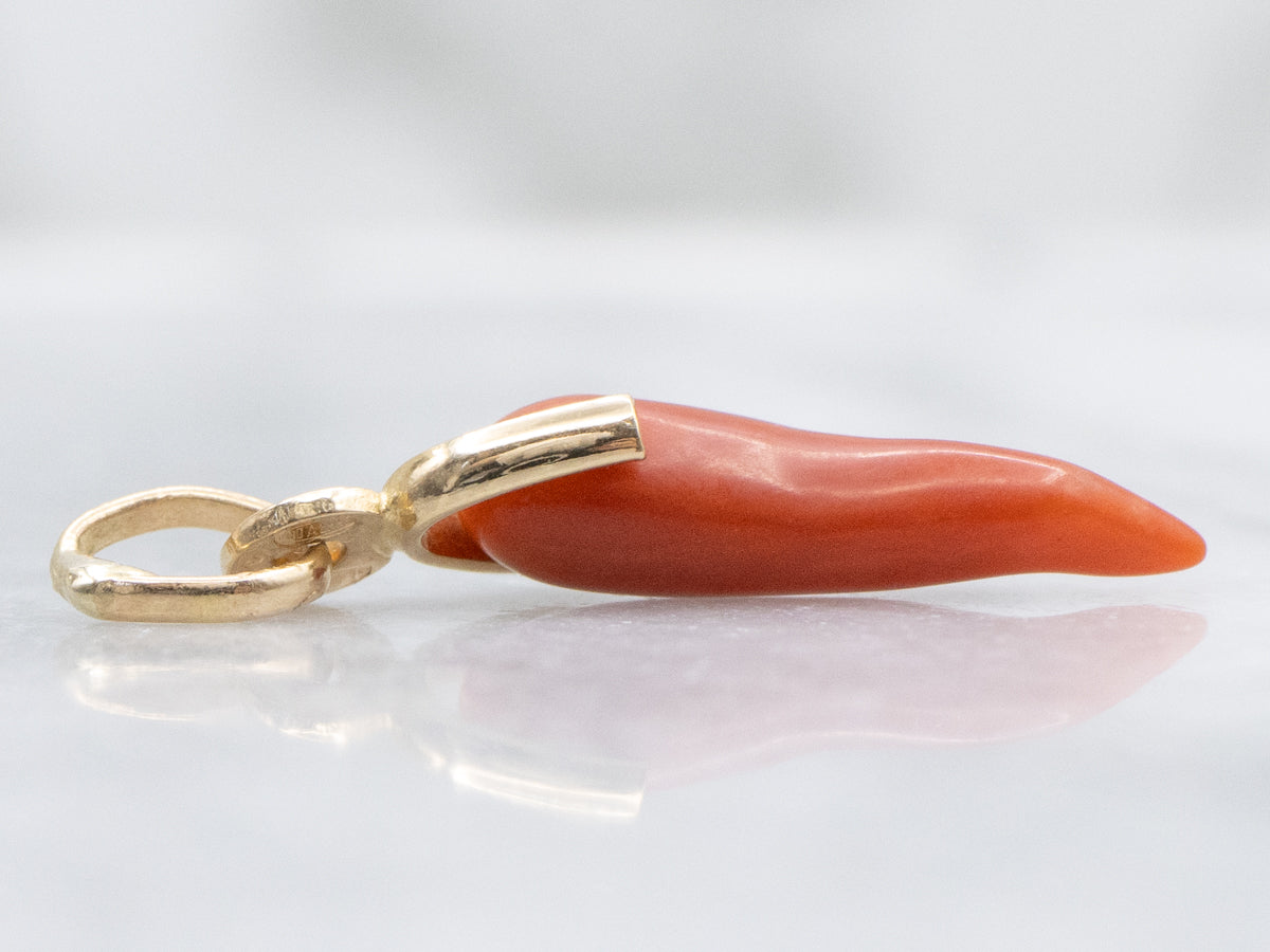 Carved Coral Italian Horn 18-Karat Gold Charm
