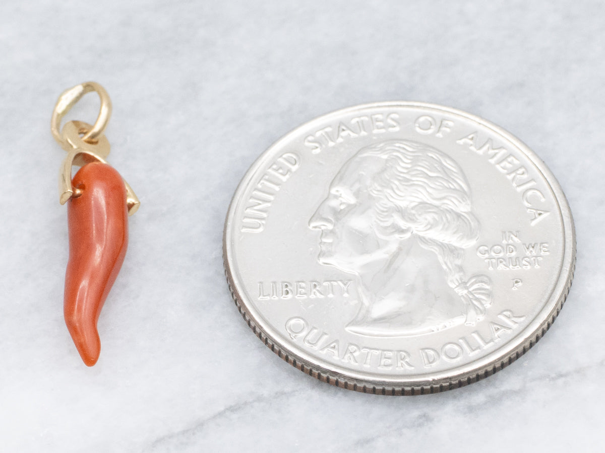 Carved Coral Italian Horn 18-Karat Gold Charm