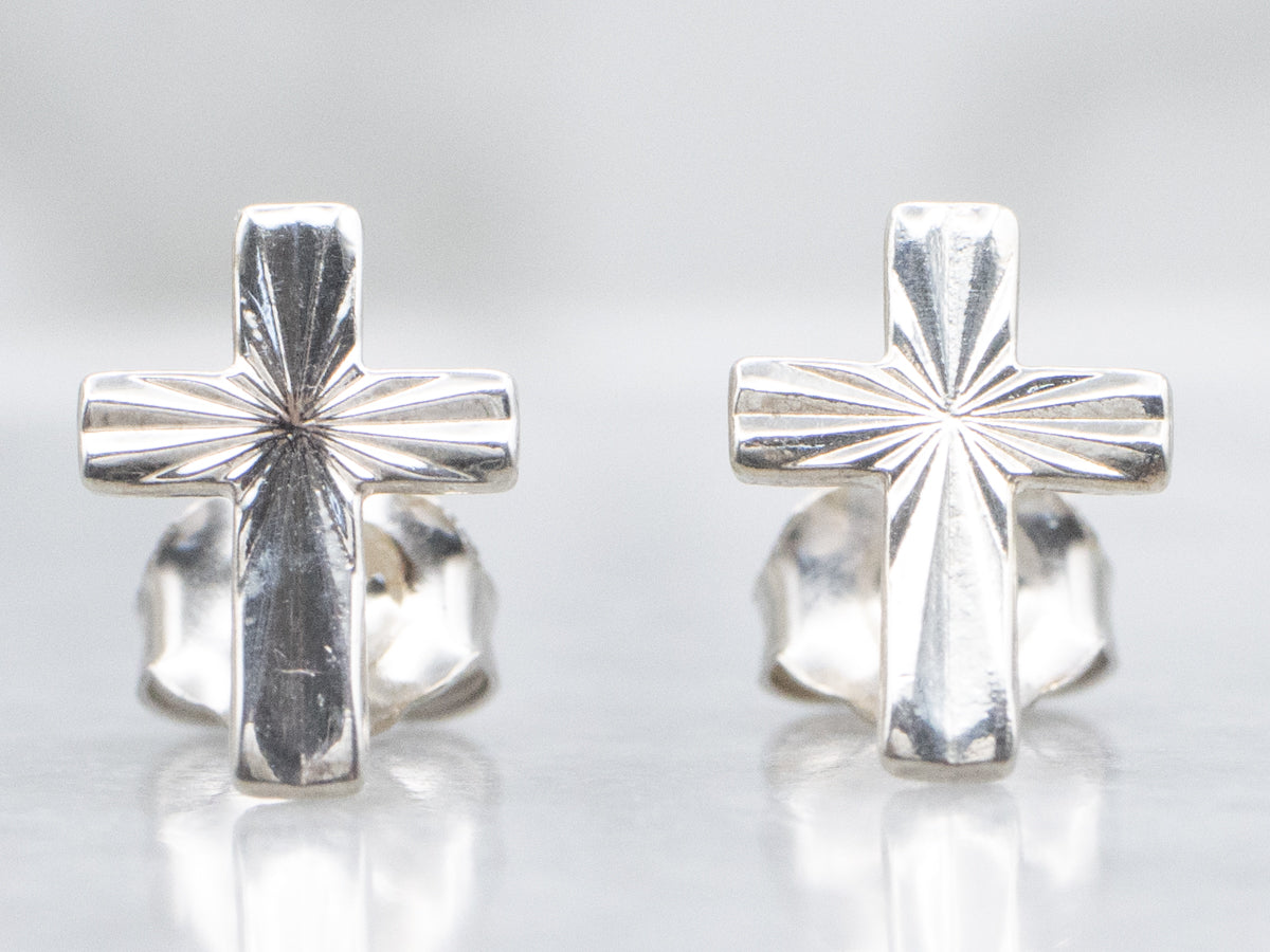 White Gold Tiny Cross Stud Earrings