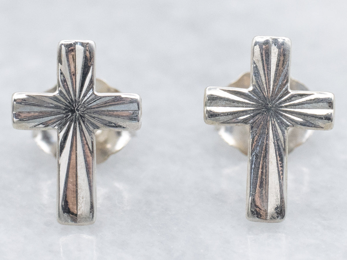 White Gold Tiny Cross Stud Earrings