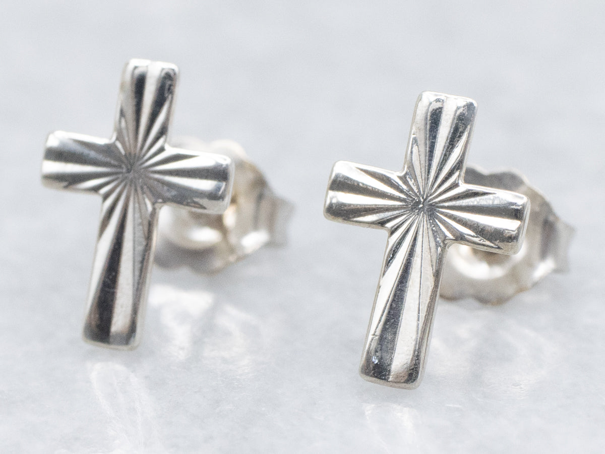 White Gold Tiny Cross Stud Earrings