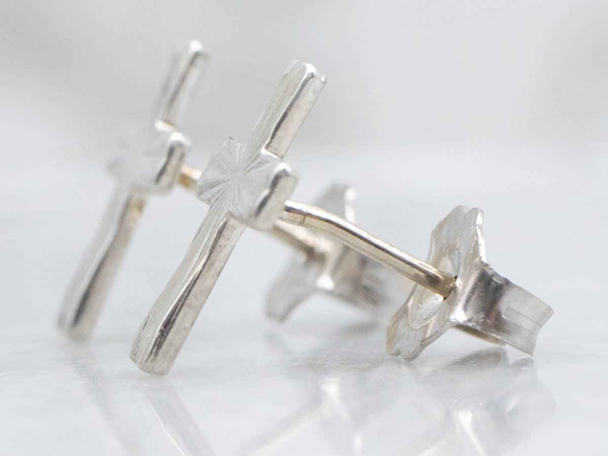 White Gold Tiny Cross Stud Earrings