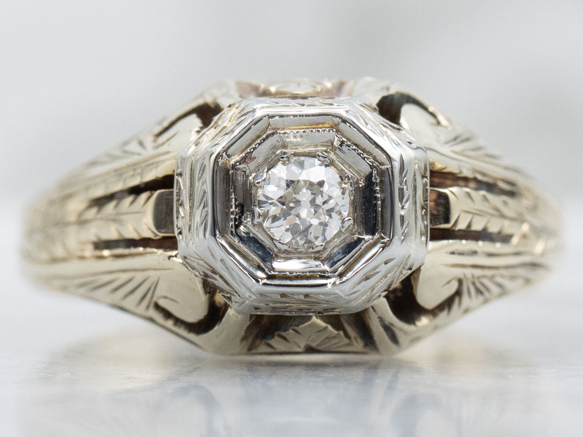 Art Deco Era Old Mine Cut Diamond Men's Solitaire Ring