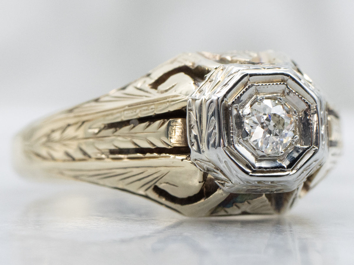 Art Deco Era Old Mine Cut Diamond Men's Solitaire Ring