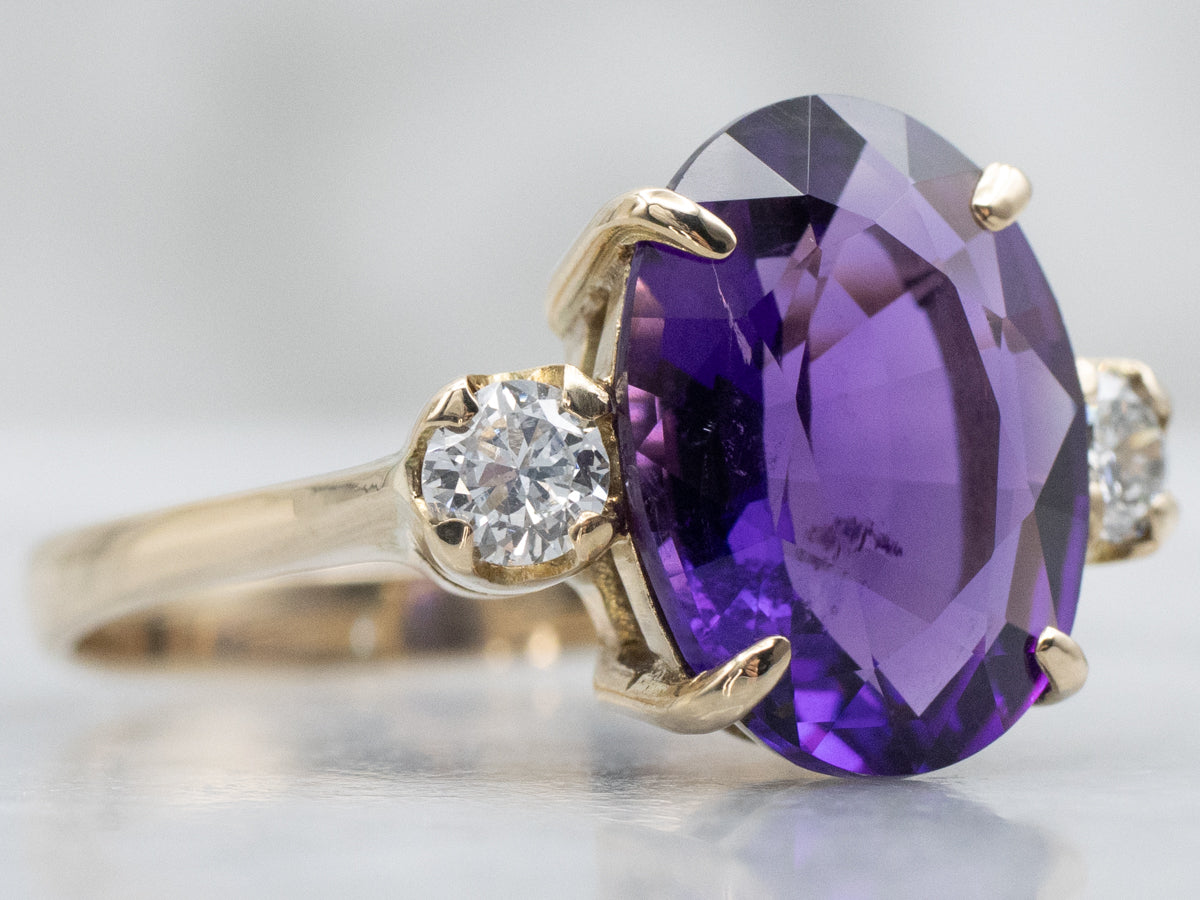 Oval-Cut Amethyst and Diamond Yellow Gold Ring