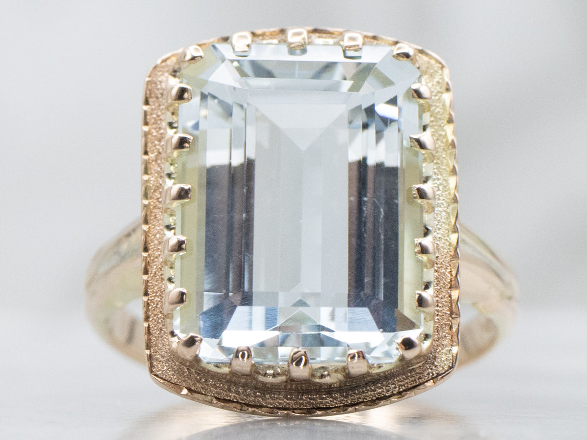 Emerald-Cut Aquamarine Textured Gold Solitaire Ring