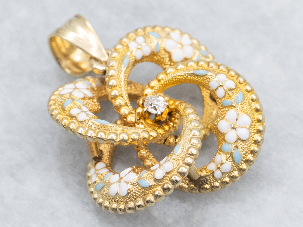 Old Mine Cut Diamond Antique Enamel Lover's Knot Gold Pendant