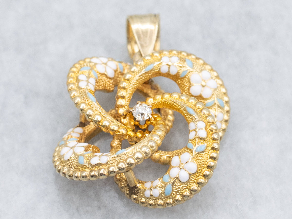 Old Mine Cut Diamond Antique Enamel Lover's Knot Gold Pendant