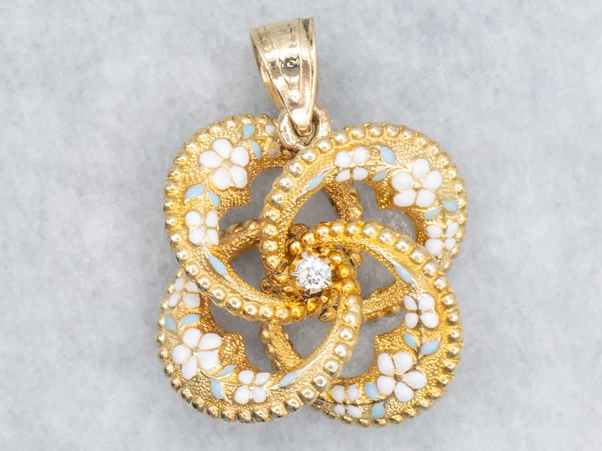 Old Mine Cut Diamond Antique Enamel Lover's Knot Gold Pendant