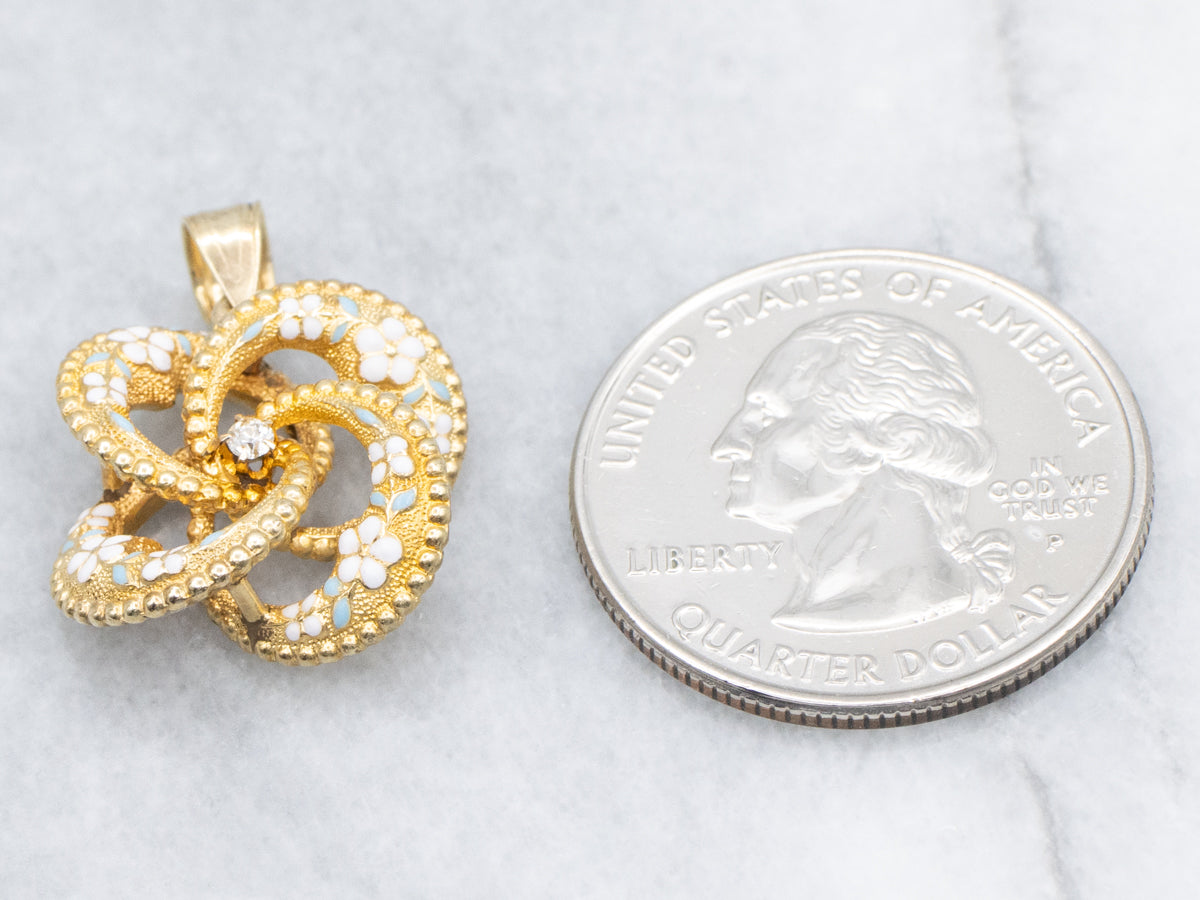 Old Mine Cut Diamond Antique Enamel Lover's Knot Gold Pendant
