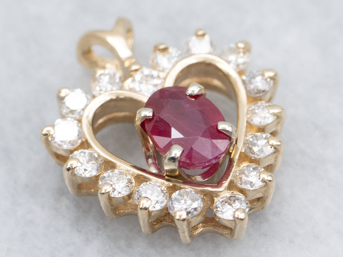 Yellow Gold Ruby and Diamond Sweetheart Pendant