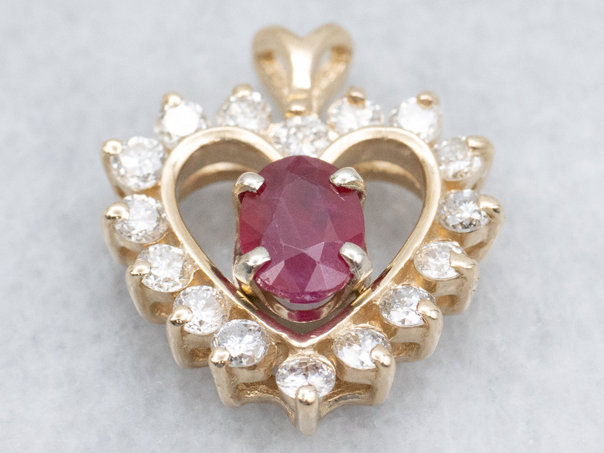 Yellow Gold Ruby and Diamond Sweetheart Pendant