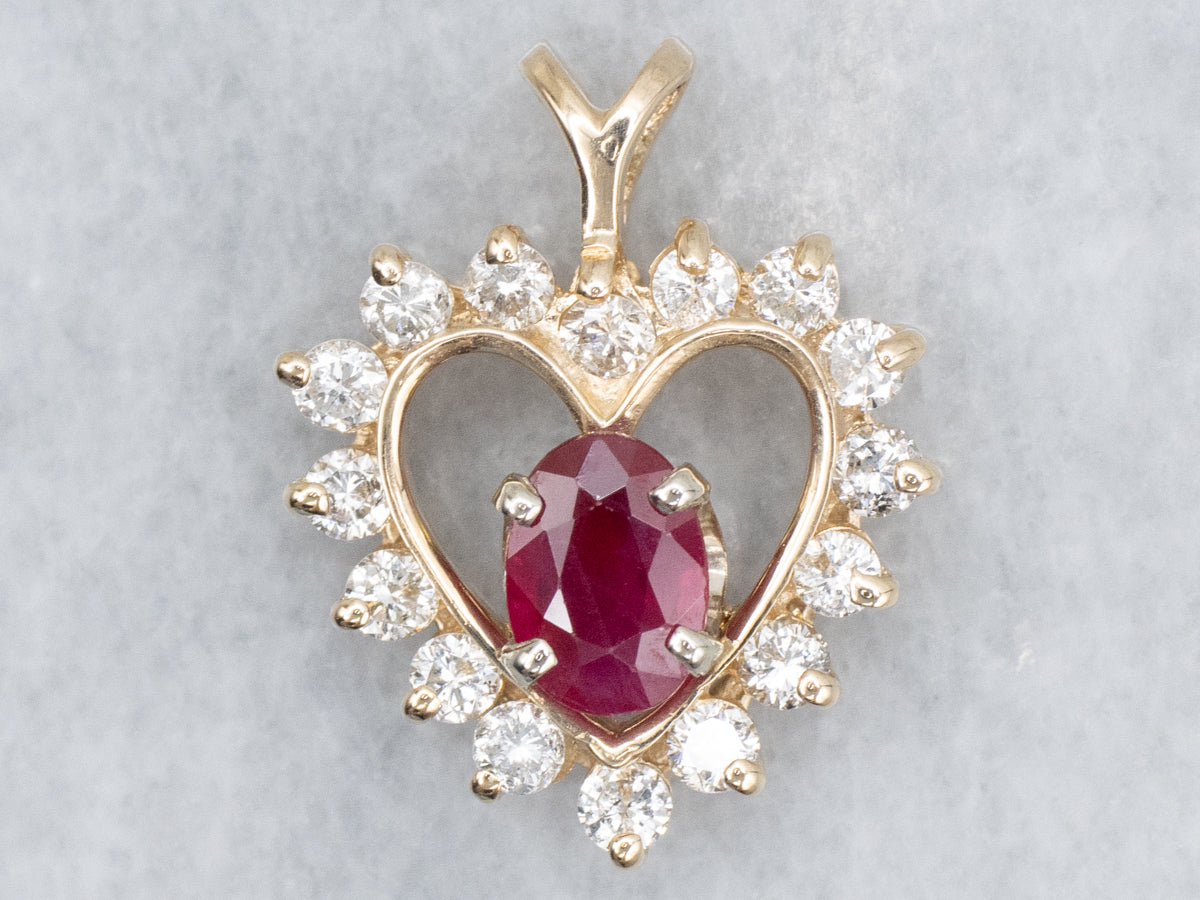 Yellow Gold Ruby and Diamond Sweetheart Pendant