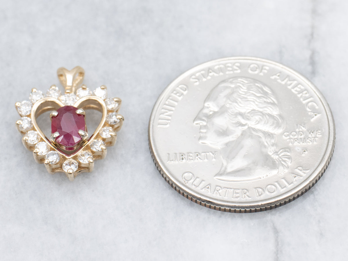 Yellow Gold Ruby and Diamond Sweetheart Pendant