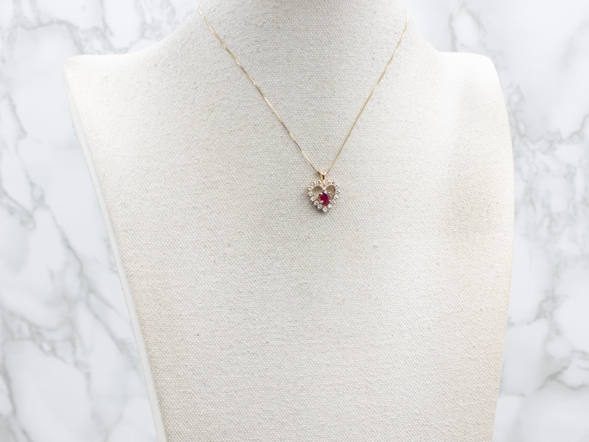 Yellow Gold Ruby and Diamond Sweetheart Pendant