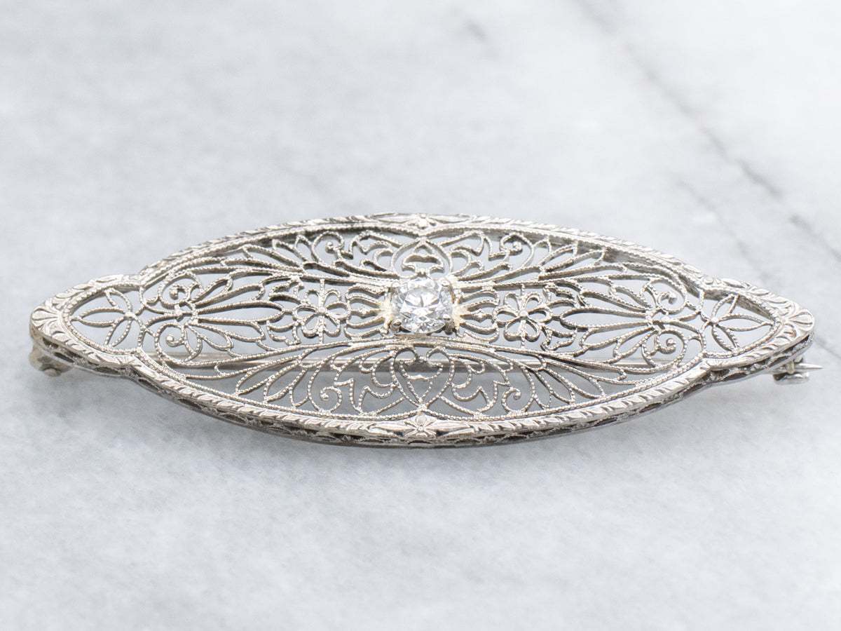 White Gold Diamond Filigree Brooch Circa 1920s