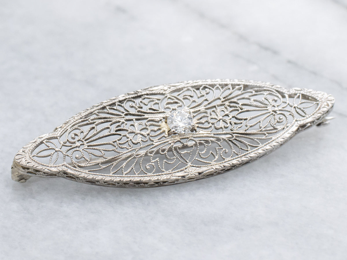 White Gold Diamond Filigree Brooch Circa 1920s
