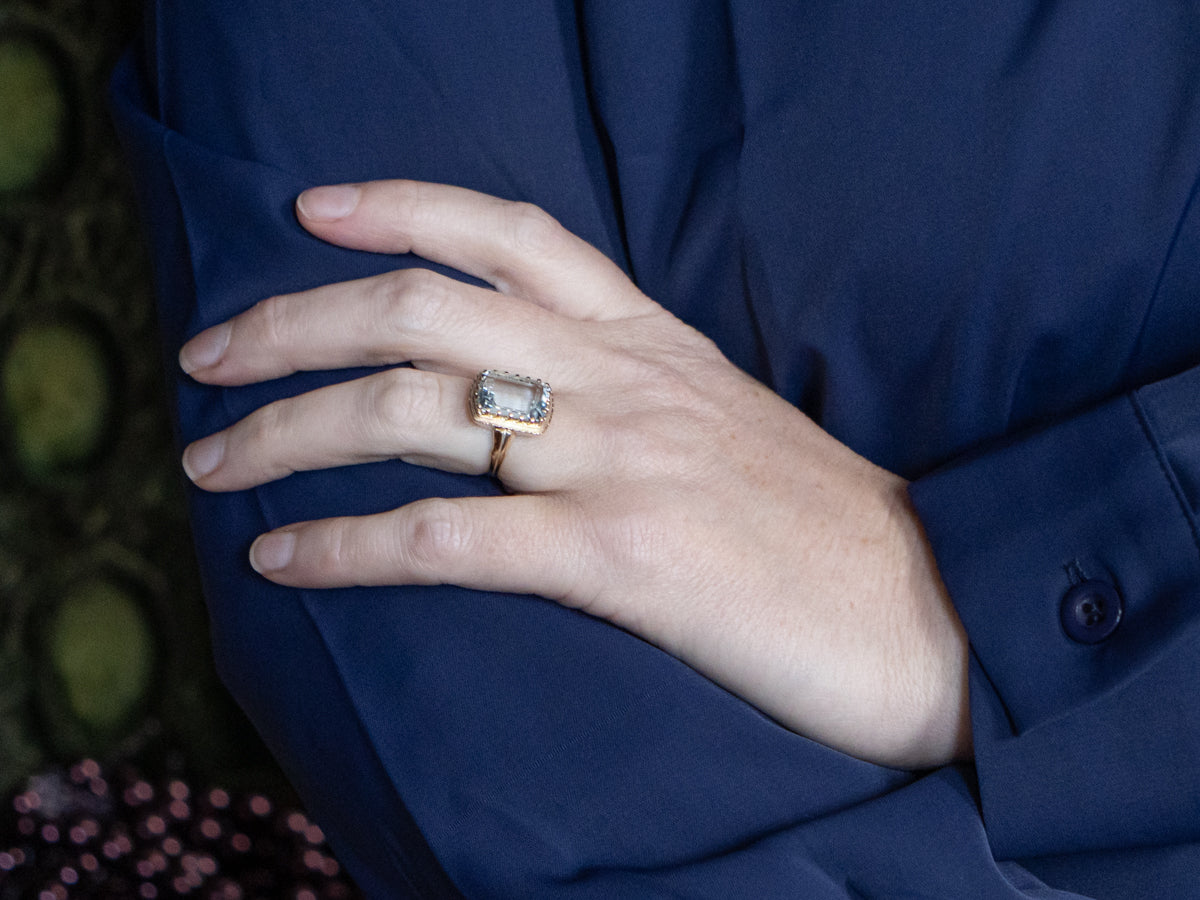 Emerald-Cut Aquamarine Textured Gold Solitaire Ring