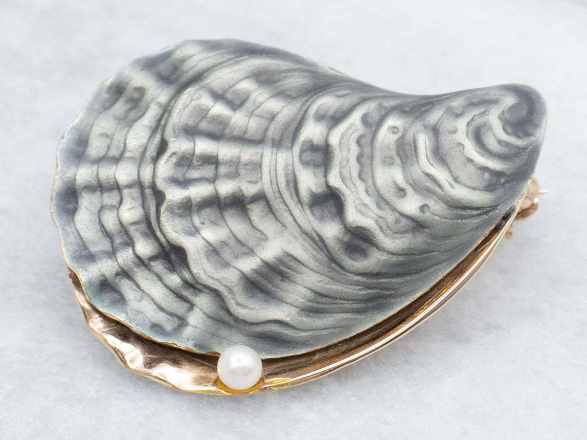 Enamel and Pearl Detailed Gold Oyster Shell Brooch