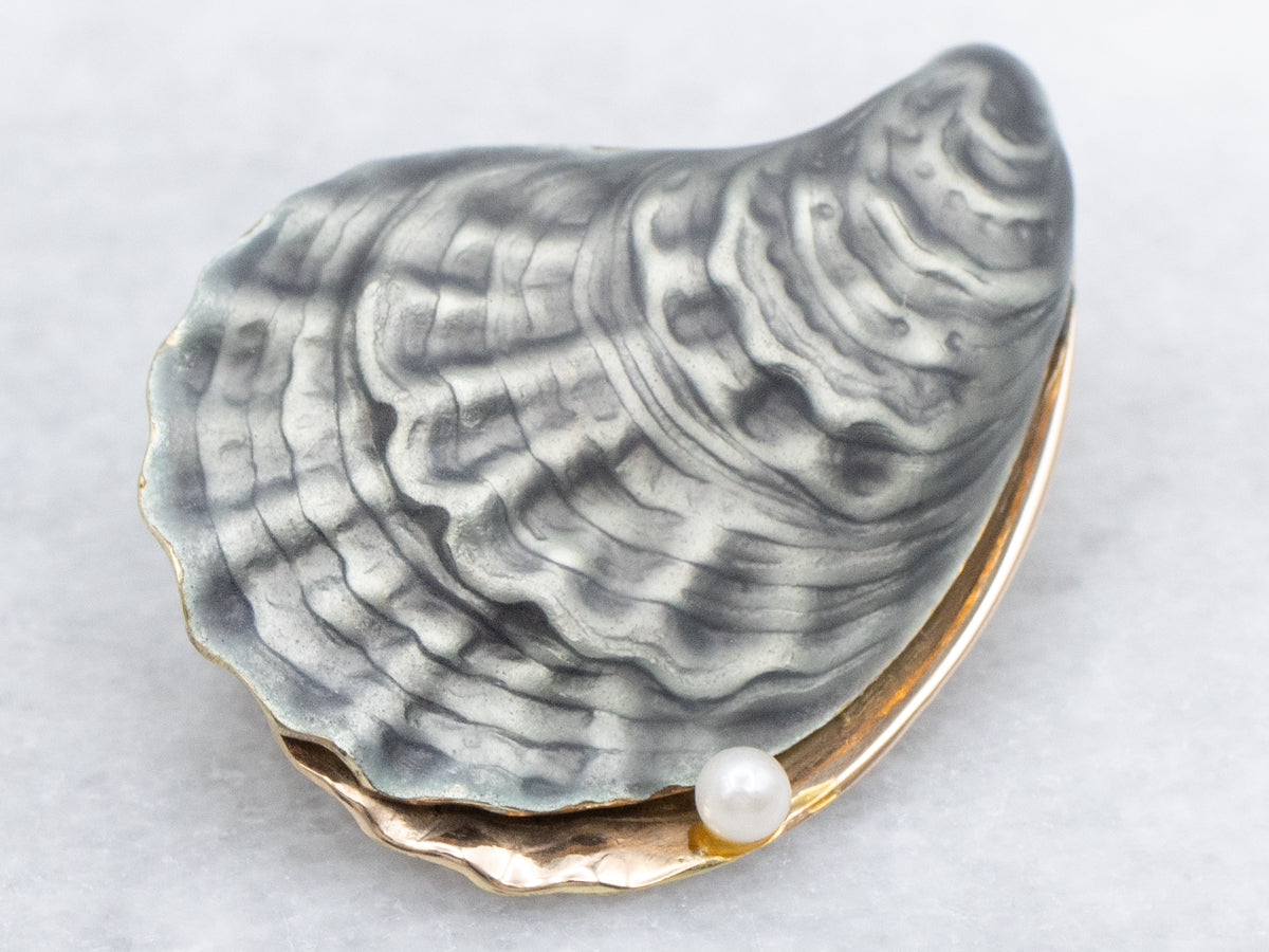 Enamel and Pearl Detailed Gold Oyster Shell Brooch