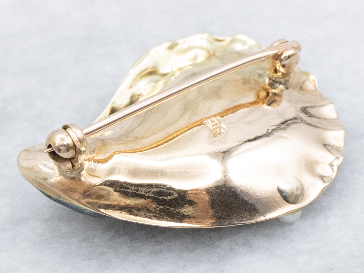 Enamel and Pearl Detailed Gold Oyster Shell Brooch