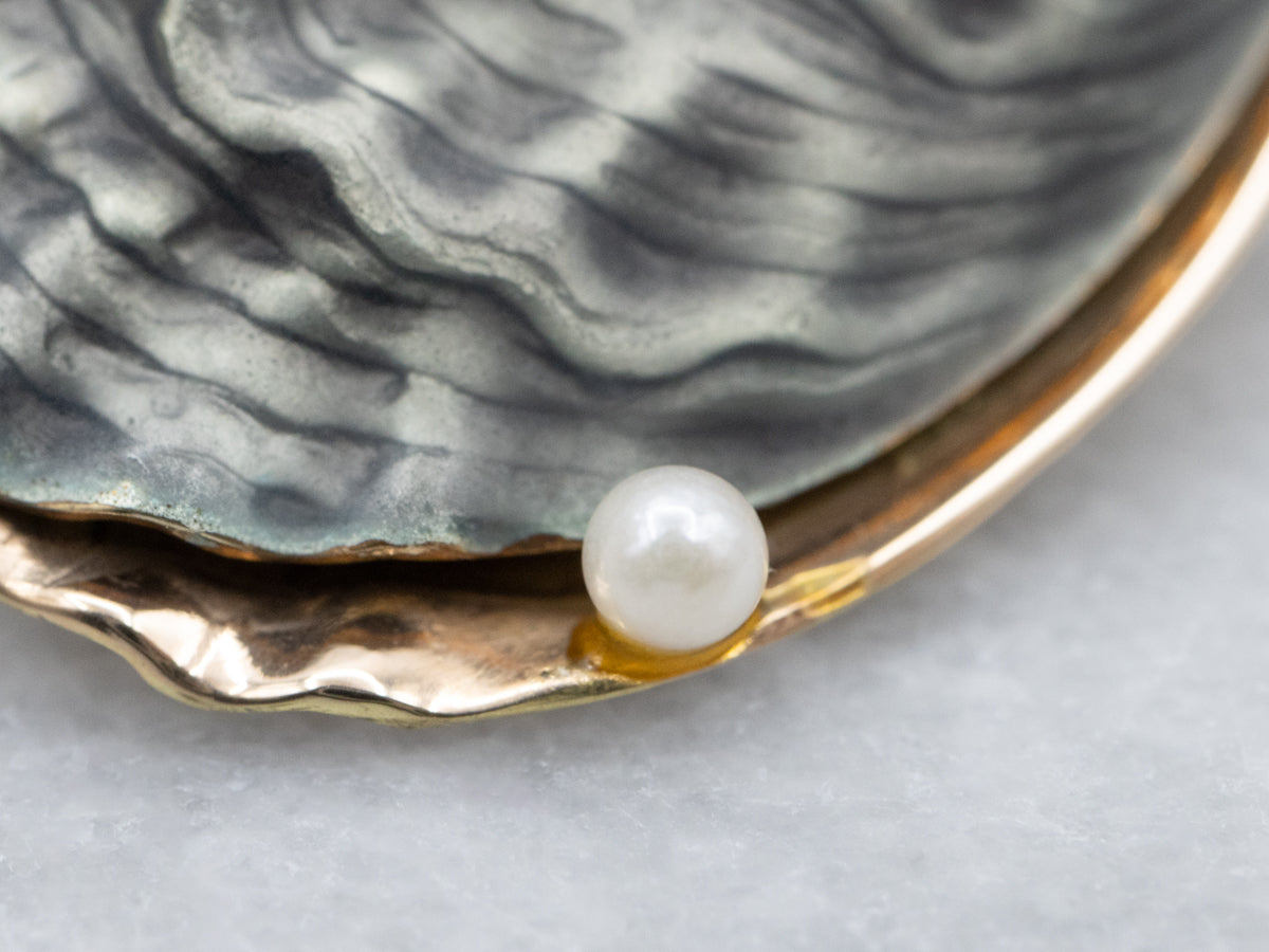 Enamel and Pearl Detailed Gold Oyster Shell Brooch