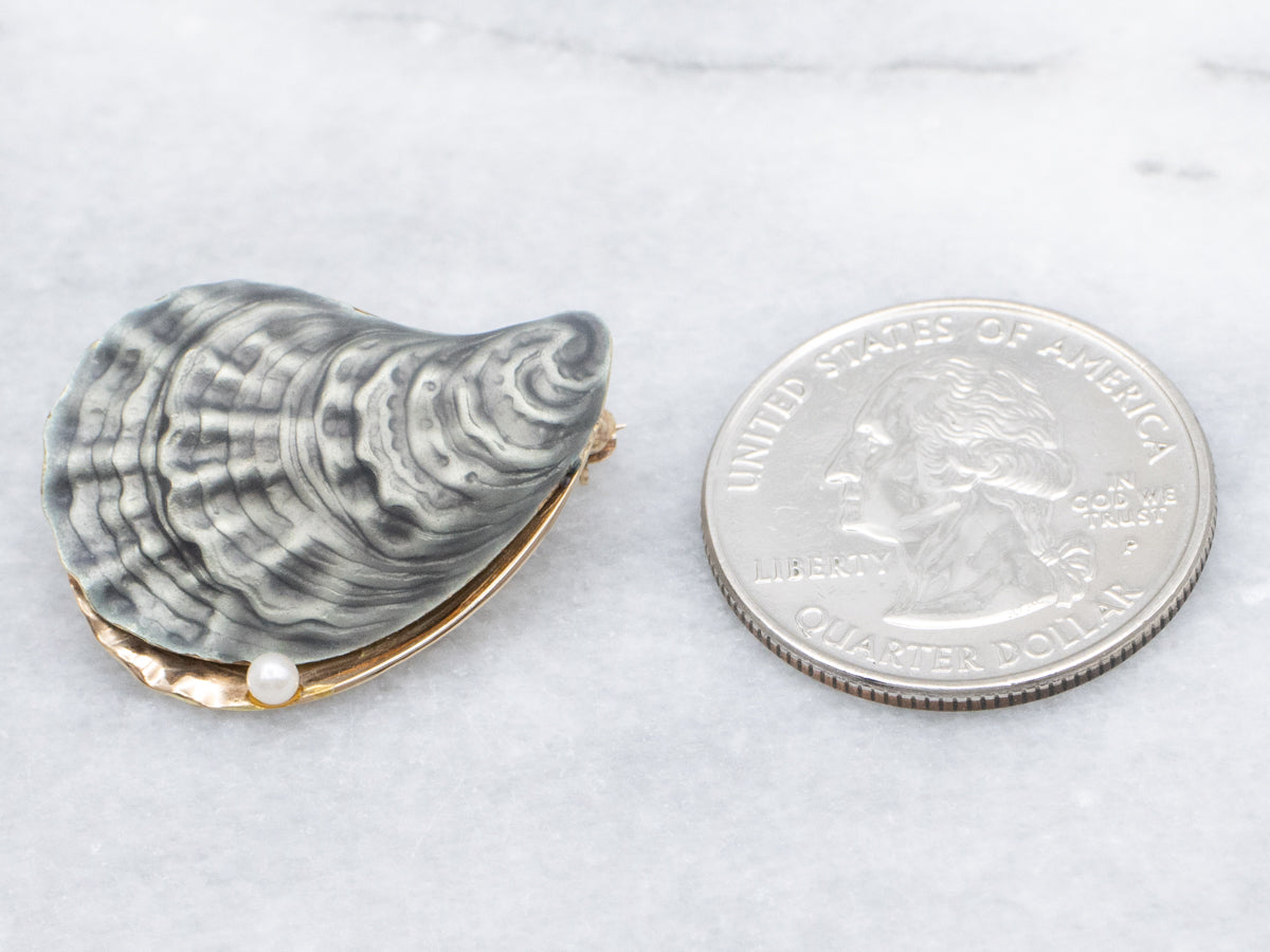 Enamel and Pearl Detailed Gold Oyster Shell Brooch