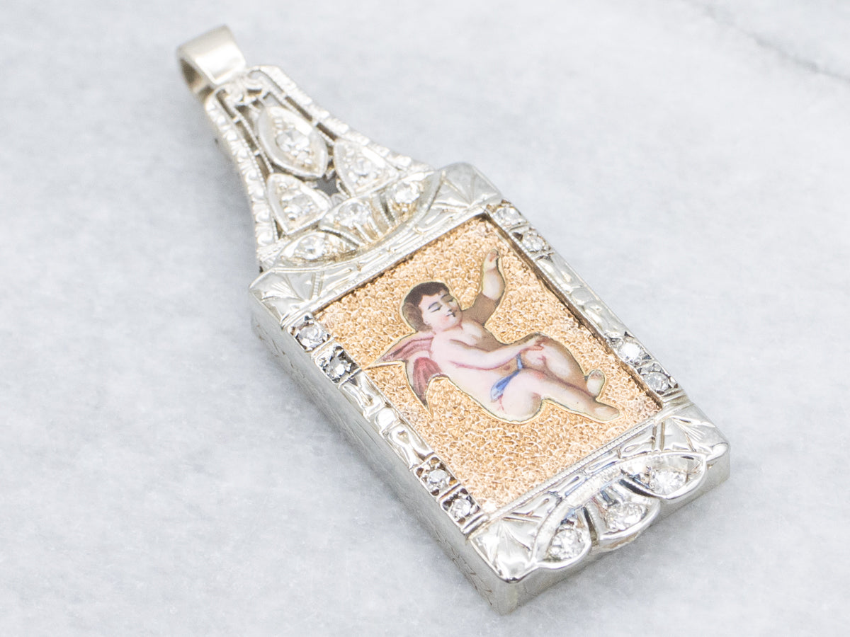 Painted Cherub and Old Mine Cut Diamond Engraved Two-Tone Pendant