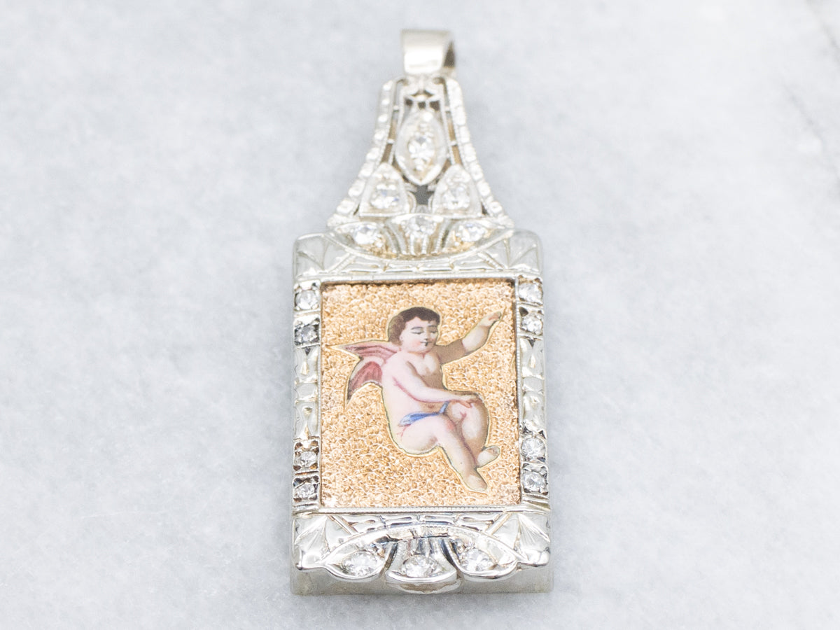 Painted Cherub and Old Mine Cut Diamond Engraved Two-Tone Pendant