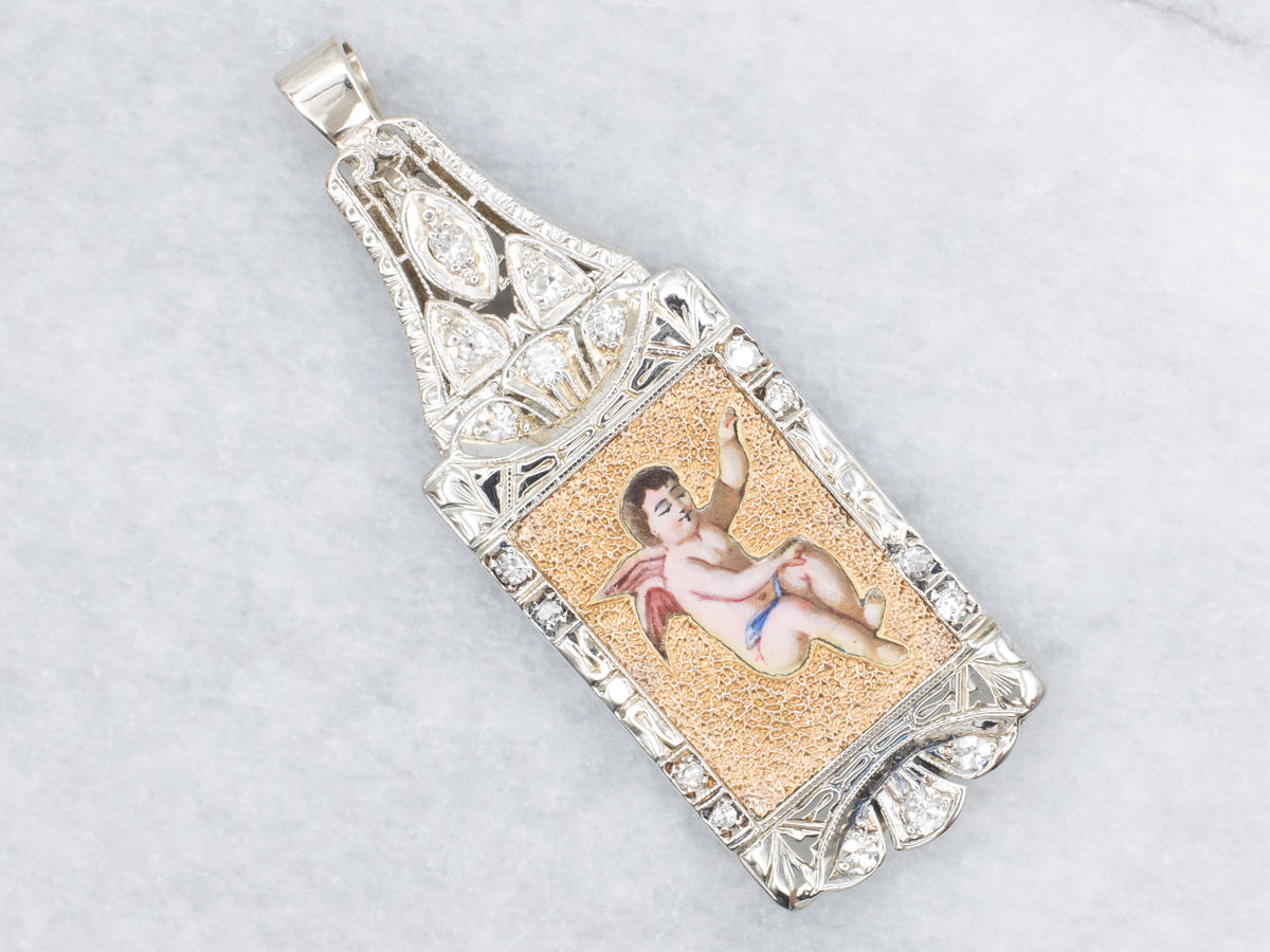 Painted Cherub and Old Mine Cut Diamond Engraved Two-Tone Pendant