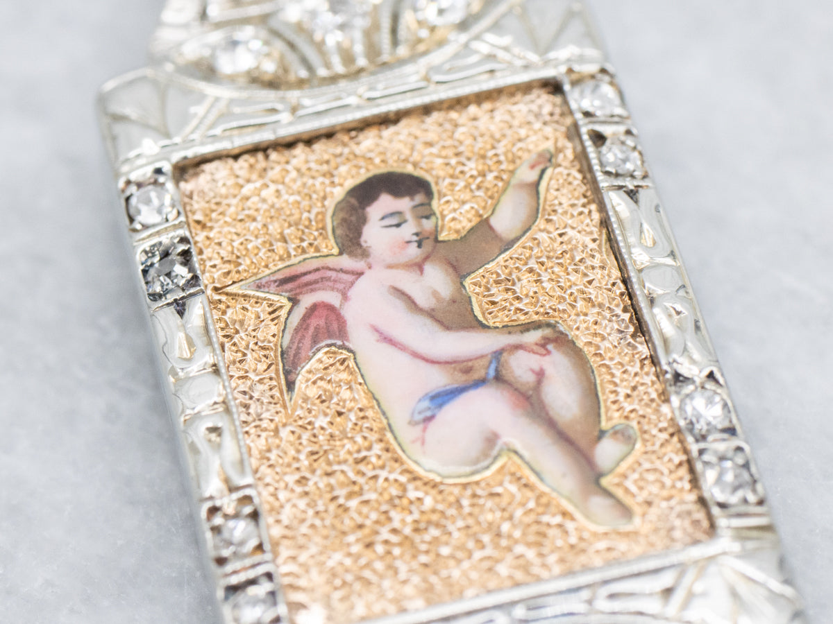 Painted Cherub and Old Mine Cut Diamond Engraved Two-Tone Pendant