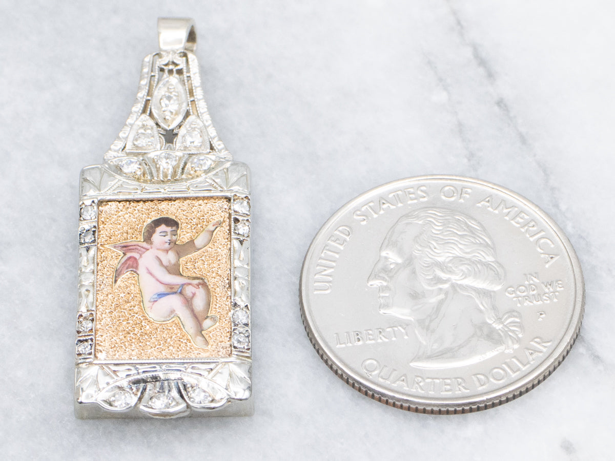 Painted Cherub and Old Mine Cut Diamond Engraved Two-Tone Pendant