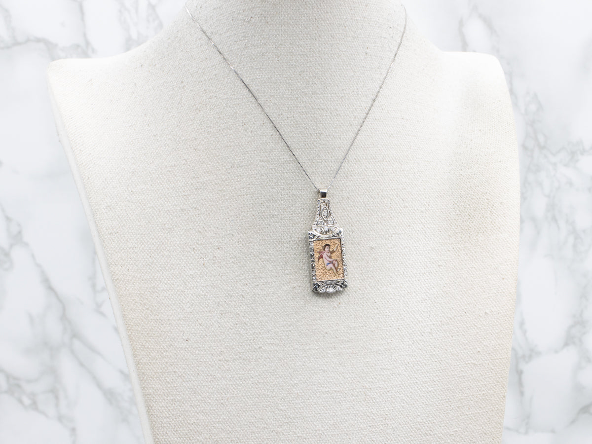 Painted Cherub and Old Mine Cut Diamond Engraved Two-Tone Pendant