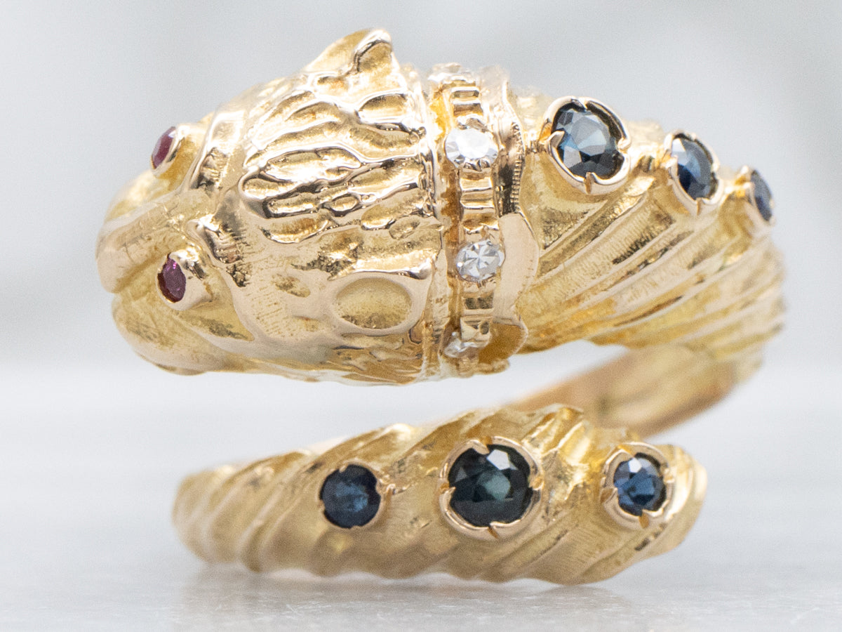 Yellow Gold Stylized Lion with Sapphire Rubies and Diamond Wrap Ring