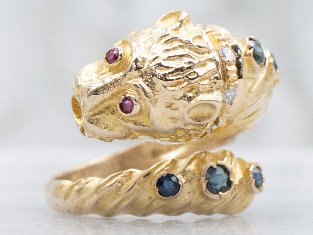 Yellow Gold Stylized Lion with Sapphire Rubies and Diamond Wrap Ring