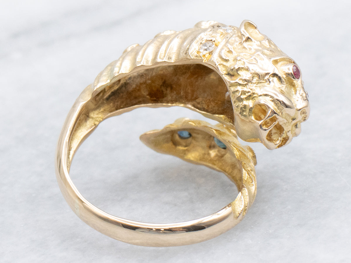 Yellow Gold Stylized Lion with Sapphire Rubies and Diamond Wrap Ring