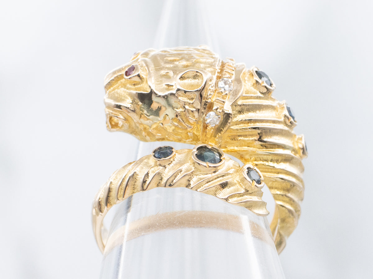Yellow Gold Stylized Lion with Sapphire Rubies and Diamond Wrap Ring