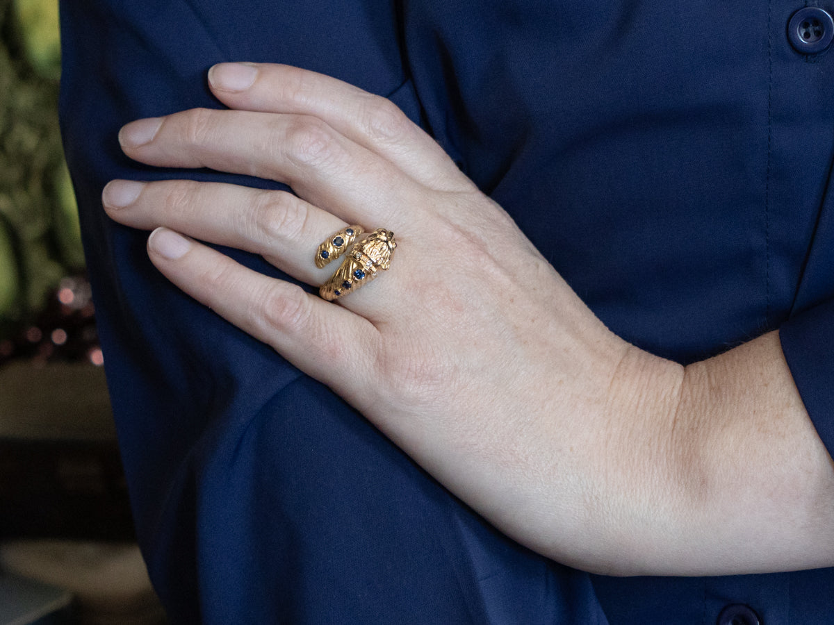 Yellow Gold Stylized Lion with Sapphire Rubies and Diamond Wrap Ring