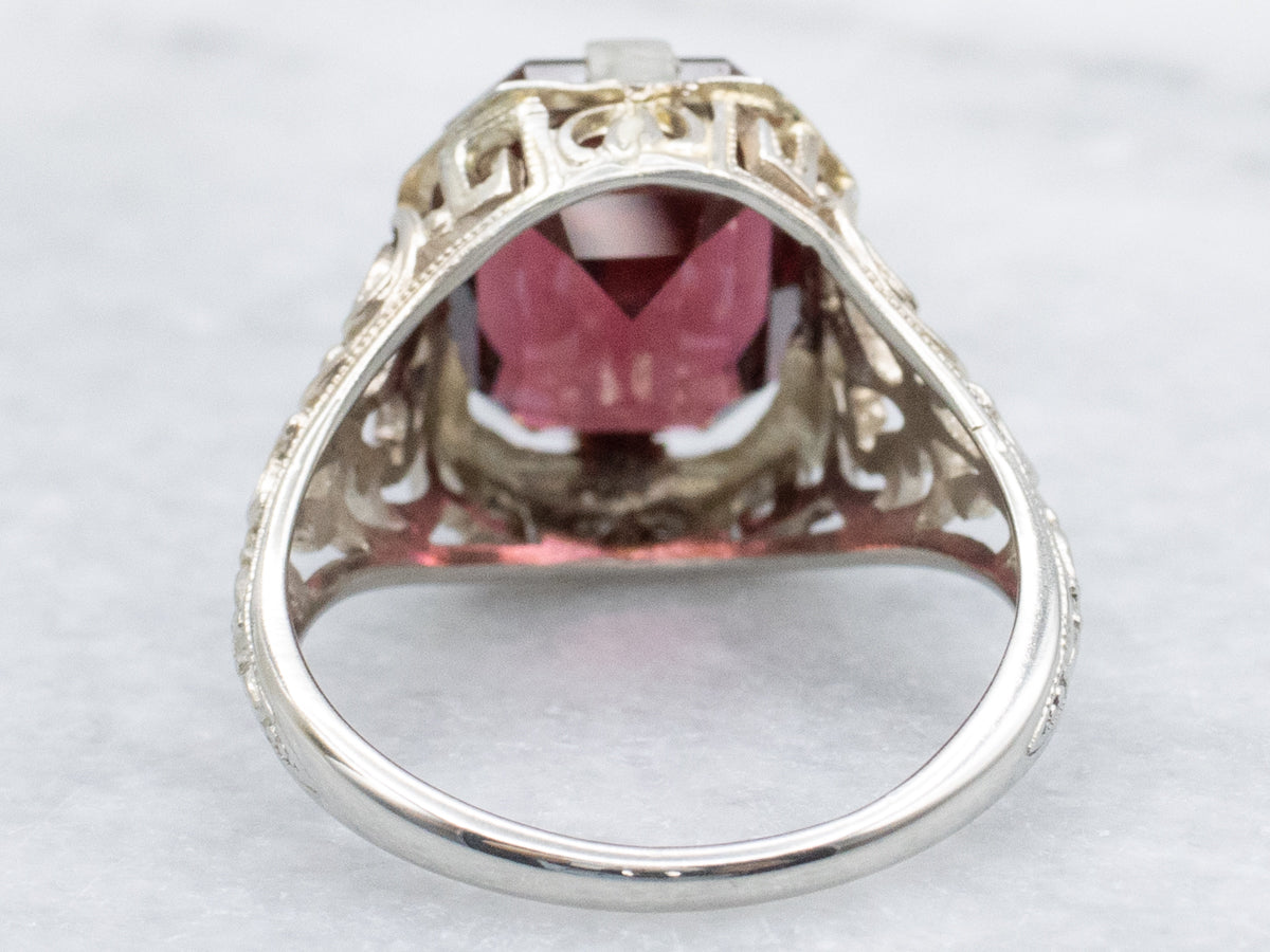 Ornate Art Deco Era White Gold and Garnet Filigree Ring
