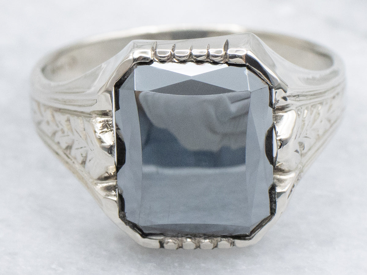 Men's Engrave White Gold Antique Hematite Solitaire Ring