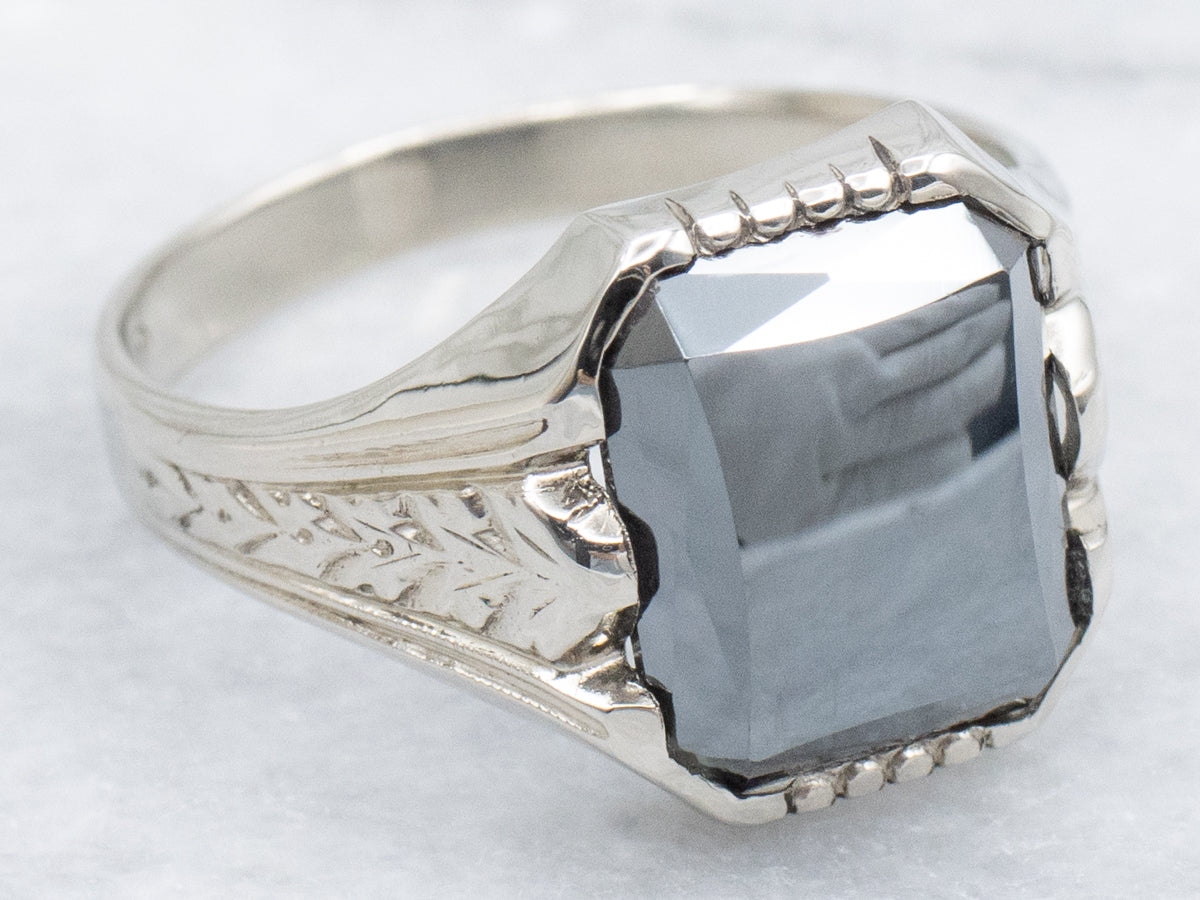 Men's Engrave White Gold Antique Hematite Solitaire Ring