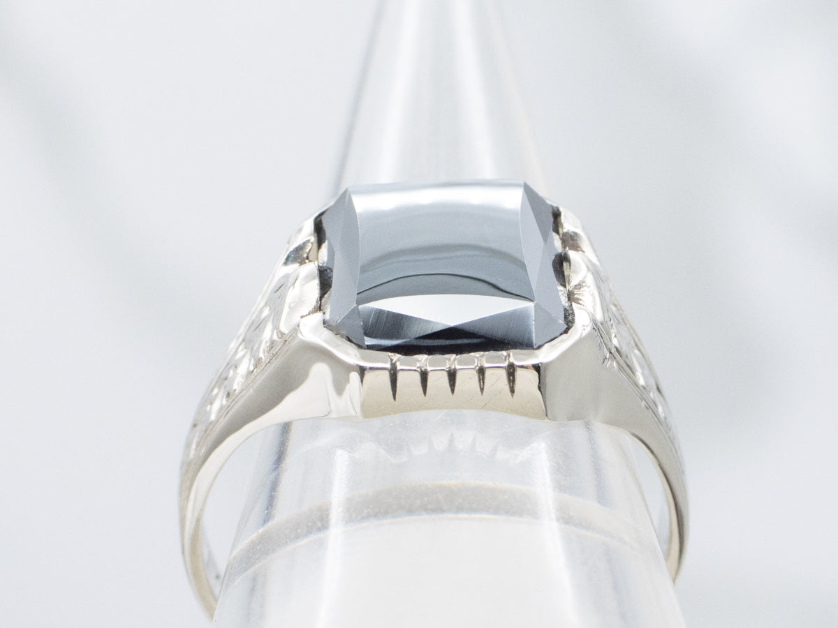 Men's Engrave White Gold Antique Hematite Solitaire Ring