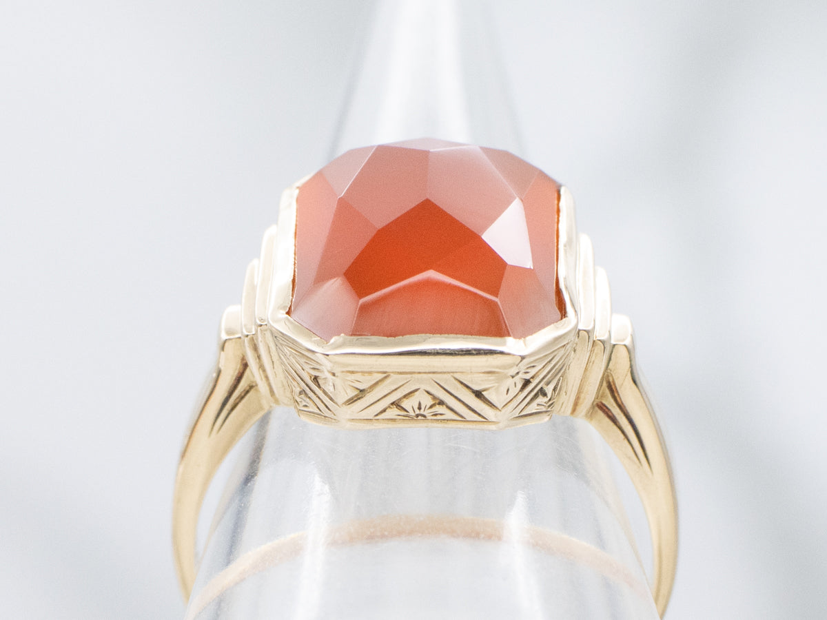 Vintage Gold Solitaire Ring with Faceted Carnelian Center