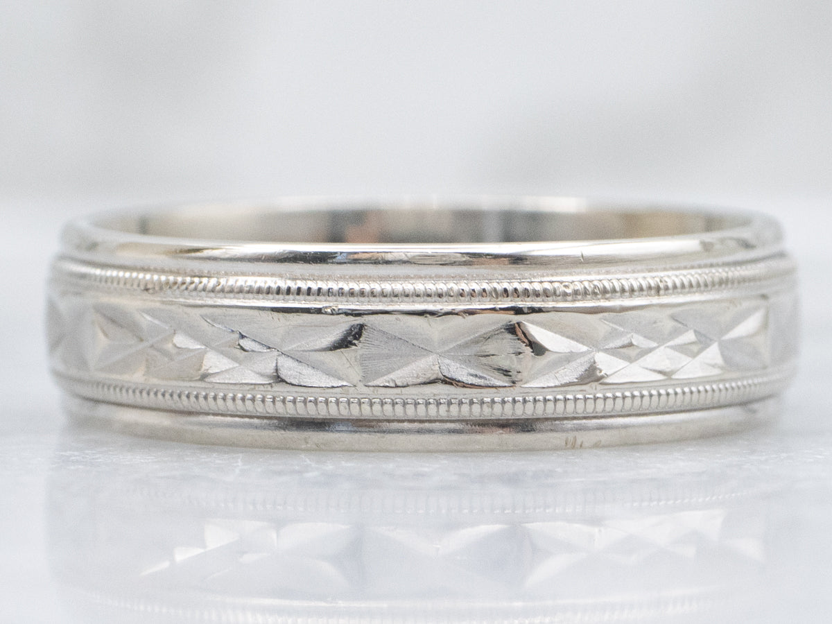 Men's Faceted Pattern White Gold Band