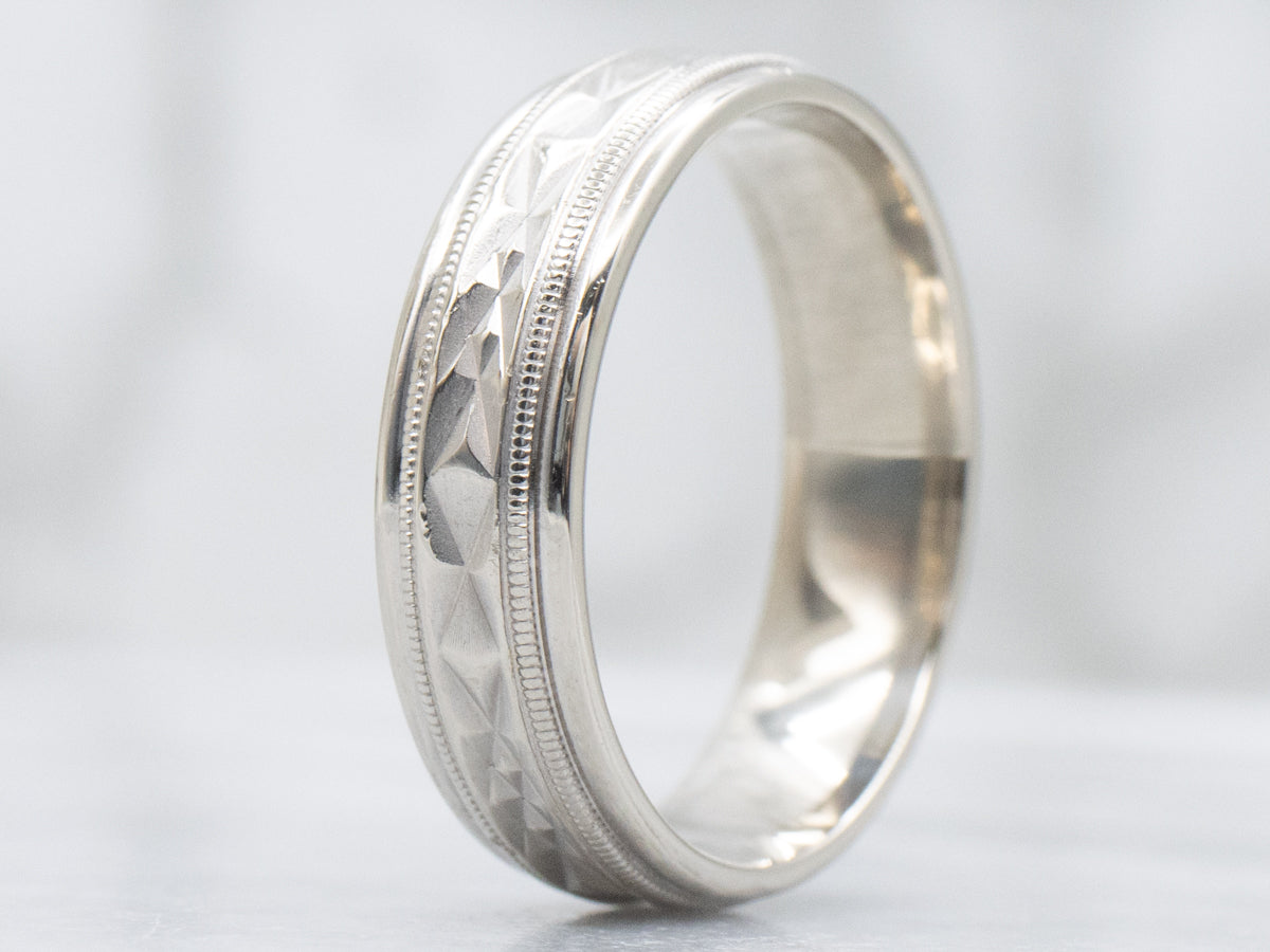 Men's Faceted Pattern White Gold Band