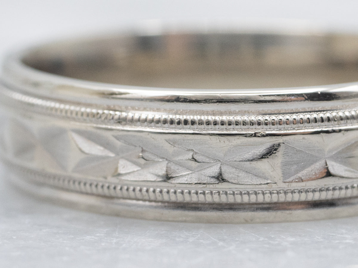 Men's Faceted Pattern White Gold Band
